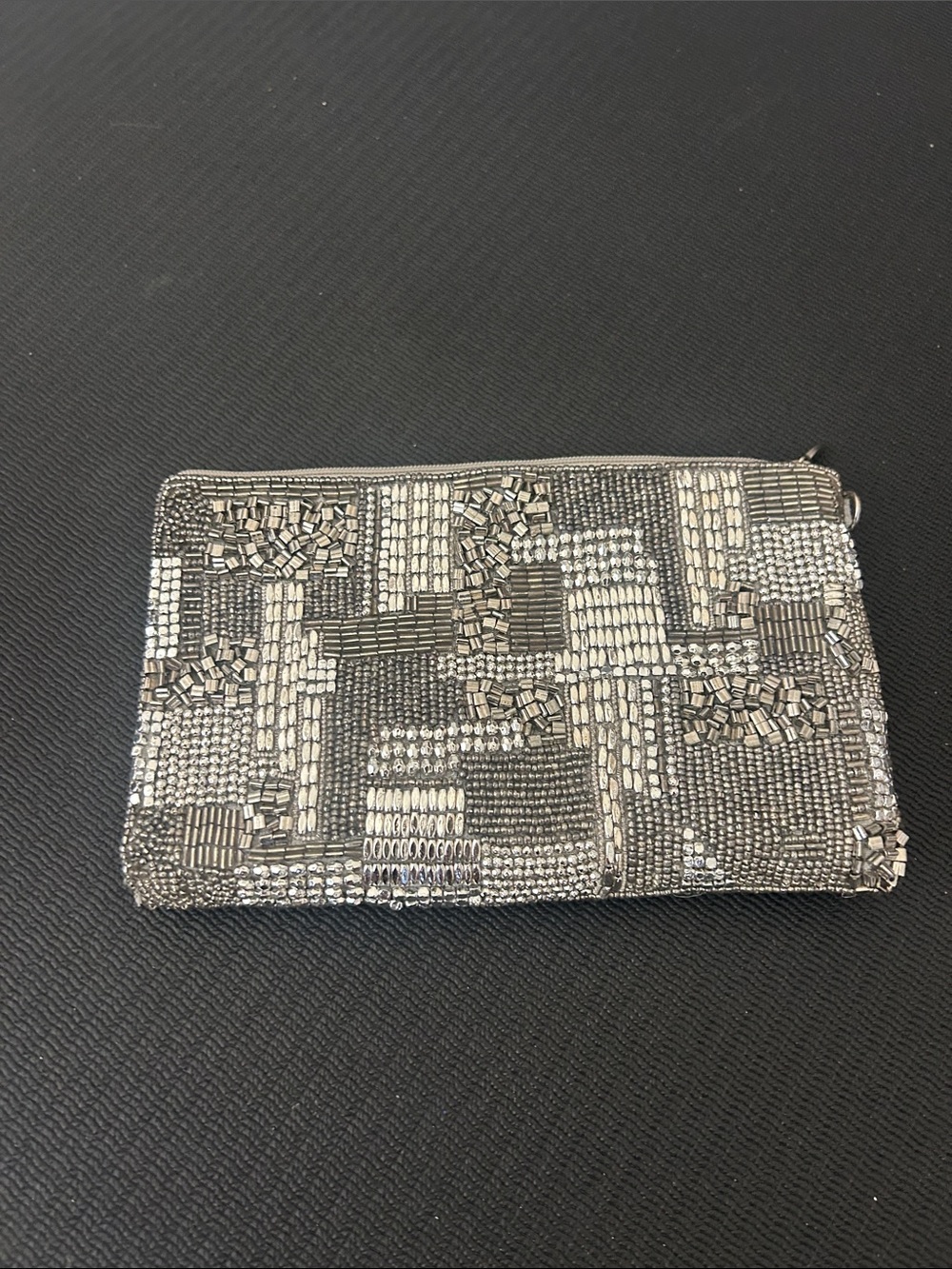 Mary Frances Silver Beaded Patchwork Zip Card Holder